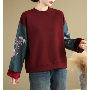 復古風牛仔刺繡拼接長袖上衣 獨具衣格 C0193