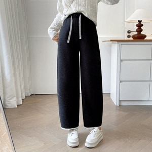 慵懶風鬆緊帶褲頭毛呢蕾絲滾邊長褲 獨具衣格 C0198