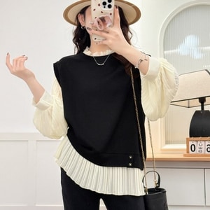 典雅百褶拼接假兩件春季長袖上衣 獨具衣格 C0220