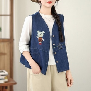 超可愛熊熊刺繡牛仔背心 獨具衣格 C0229
