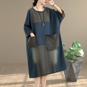 復古風牛仔拼接感洋裝 獨具衣格 C0230