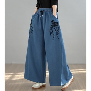 復古花刺繡顯瘦牛仔寬褲 獨具衣格 C0231