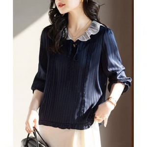 荷葉領滾邊直條紋布料長袖上衣 獨具衣格 C0237