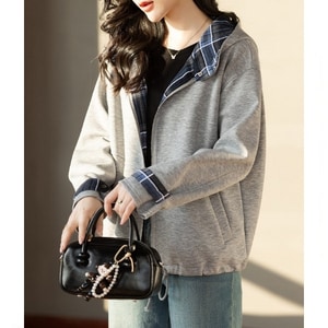 日系時尚格紋拼接連帽外套 獨具衣格 C0238