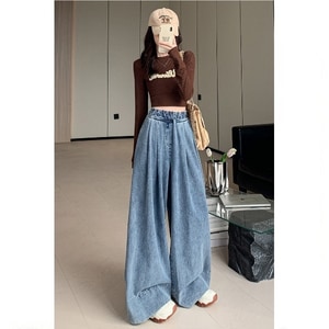 時髦顯腿長鬆緊帶褲頭A字牛仔寬褲(L-5L) 獨具衣格 C0240
