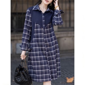 復古格紋拼接假兩件襯衫洋裝 獨具衣格 C0241
