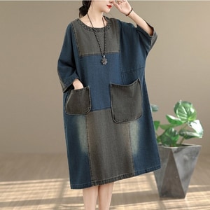 復古風拼接牛仔雙口袋洋裝 獨具衣格 C0252