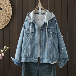 超美珍珠釘釦牛仔連帽外套 獨具衣格 C0253