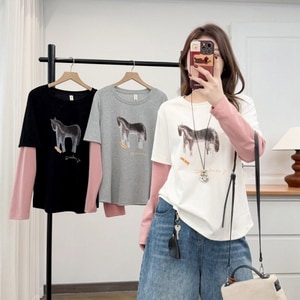 超可愛小馬印花假兩件T桖上衣 獨具衣格 C0256