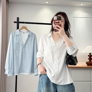 春季清爽感假兩件直條襯衫上衣 獨具衣格 C0260