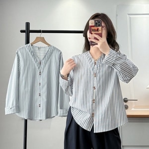 氣質款V領珠釦設計直條紋長袖上衣 獨具衣格 C0261