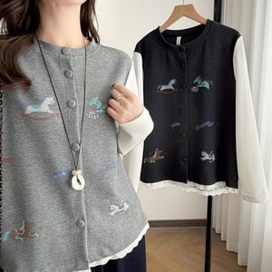 超可愛的馬印花假兩件長袖上衣 獨具衣格 C0262