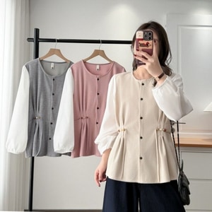 超美珍珠釦縮腰設計長袖上衣 獨具衣格 C0264