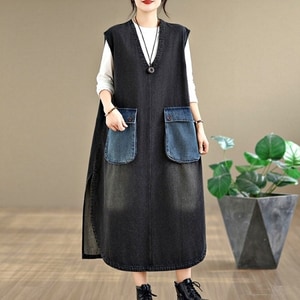 雙口袋拼接V領牛仔背心洋裝 獨具衣格 C0265