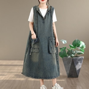 復古款愛心刺繡雙口袋連帽牛仔背心洋裝 獨具衣格 C0266