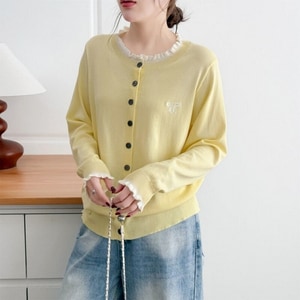 冰絲荷葉領蝴蝶結刺繡針織開襟長袖上衣 獨具衣格 C0269