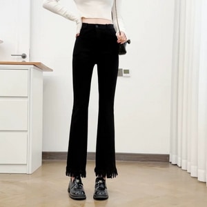 下擺流蘇顯瘦微喇叭牛仔褲(XL-5L) 獨具衣格 C0272