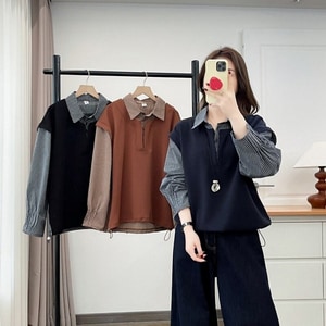 上班族OL款假兩件格子拼接長袖上衣 獨具衣格 C0276