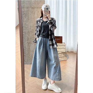 純棉拼接感牛仔寬褲 獨具衣格 C0288