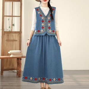 牛仔刺繡套裝(背心+長裙) 獨具衣格 C0296