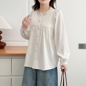 超美蕾絲拼接百褶領口開襟長袖上衣 獨具衣格 C0302