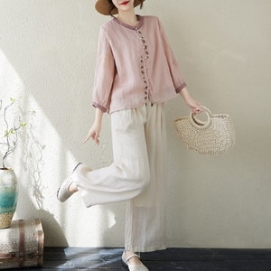 棉麻古典清新葉子刺繡套裝(上衣+長褲) 獨具衣格 C0308