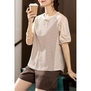 配條拼接小花苞袖短袖上衣 獨具衣格 C0309