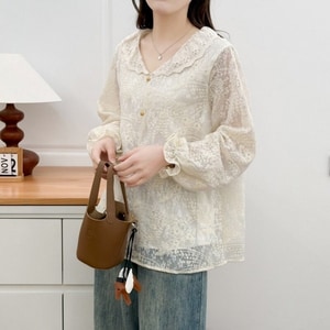 法式蕾絲小反領中長版長袖上衣 獨具衣格 C0324