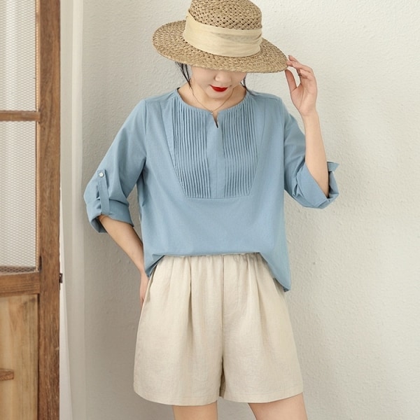 百摺領口V領棉麻長袖上衣 獨具衣格 C0326