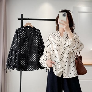 春季超美點點印花袖口蝴蝶結長袖上衣 獨具衣格 C0337