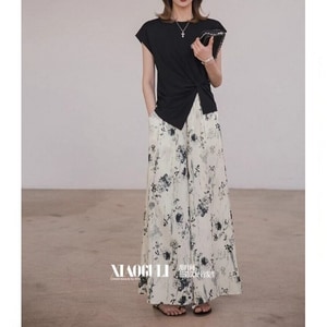 水墨印花超美飄逸感寬長褲 獨具衣格 C0339