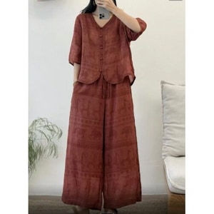 棉麻大象刺繡渡假風套裝(上衣+長褲) 獨具衣格 C0340