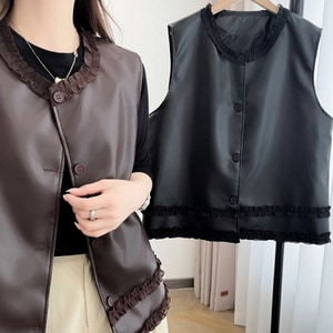 荷葉邊仿皮背心 獨具衣格 C0342