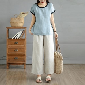 棉麻簡約撞色滾邊套裝(上衣+長褲) 獨具衣格 C0344