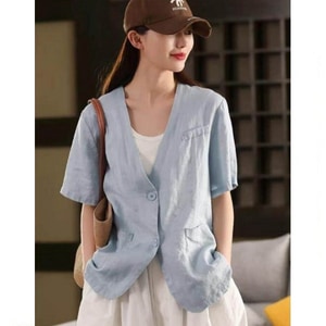 棉麻V領西裝短袖外套 獨具衣格 C0386