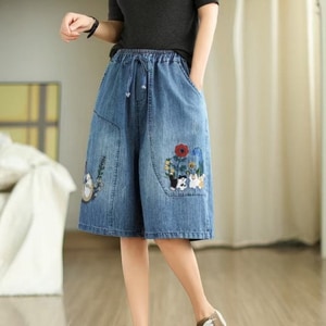 可愛貓咪刺繡牛仔五分褲 獨具衣格 C0563