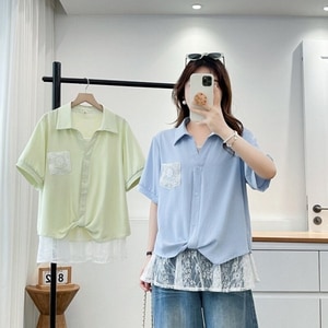 通勤蕾絲拼接假兩件襯衫領短袖上衣 獨具衣格 C0579