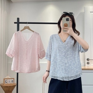 氣質款珍珠釦V領刺繡五分袖上衣 獨具衣格 C0600