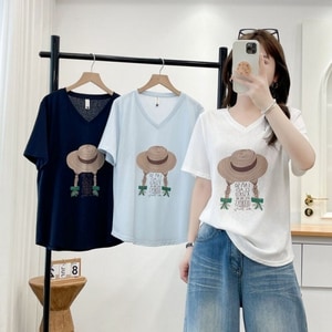 竹節棉草帽女孩印花短袖T桖上衣 獨具衣格 C0739