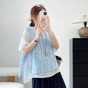 民族風刺繡蕾絲拼接假兩件短袖上衣 獨具衣格 C0847
