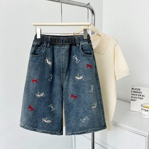 可愛狗狗刺繡五分牛仔褲 獨具衣格 C0946