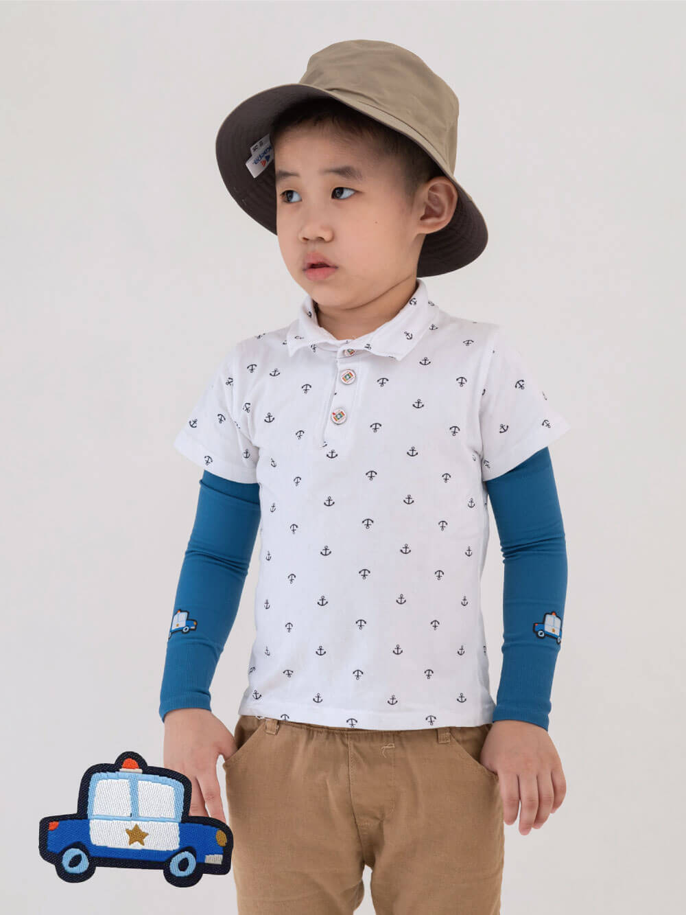 貝柔UPF50+兒童高效涼感防蚊抗UV袖套-警車(貼布繡)