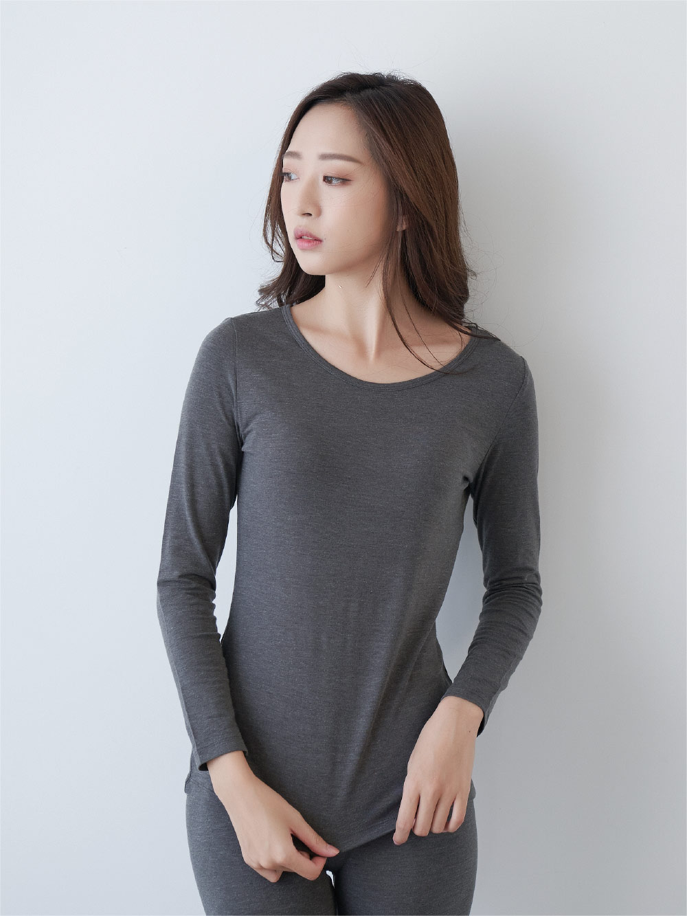 貝柔EKS重效機能保暖發熱衣_女圓領(麻灰)