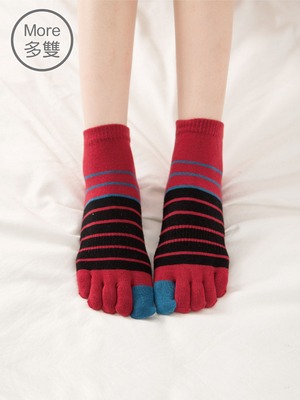 貝柔(6雙)13針柔棉乾爽抑菌五指襪-條紋短襪