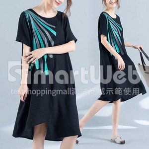 冰絲棉麻 孔雀印花洋裝-中大尺碼