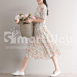 棉麻 鬱金香顯瘦縮腰洋裝-中大尺碼