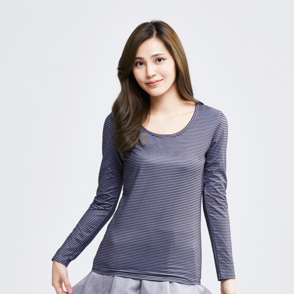 MIT 細條紋溫灸刷毛圓領發熱衣(灰黑色 女S-XL)