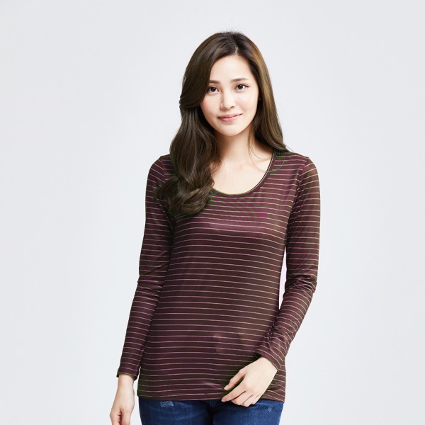 MIT 寬條紋溫灸刷毛圓領發熱衣(咖啡白色 女S-XL)