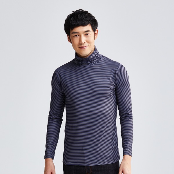 MIT 細條紋溫灸刷毛高領發熱衣(灰黑色 男M-XXL)