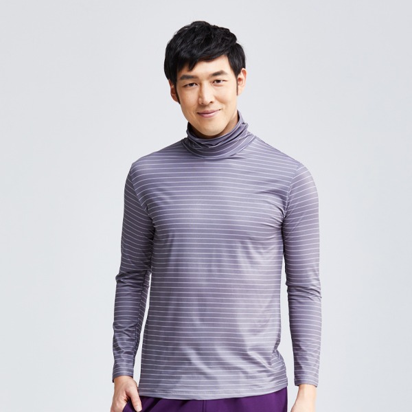 MIT 寬條紋溫灸刷毛高領發熱衣(灰白色 男M-XXL)